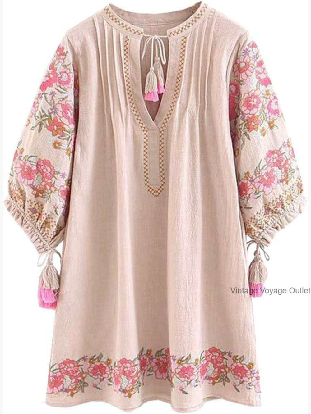 Boho Embroidered Pink Floral Tunic Dress